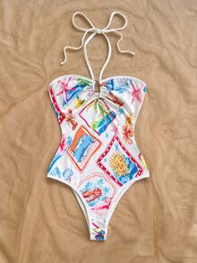 Soleia Women's Sexy Beach Vacation Style Ocean Creature Print Twist Front Halter Romper - Multicolor - View 4