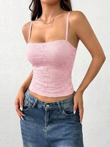 SHEIN EZwear 女士粉色蕾丝边吊带背心，情人节女士吊带背心 - 粉色 - 查看 6