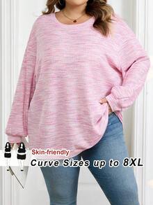 SHEIN CURVE+ 大码女式彩色华夫格针织套头卫衣，秋冬季 - 粉色 - 查看 1