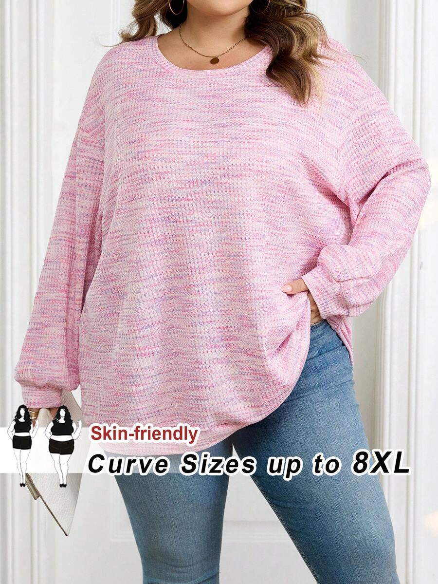 SHEIN CURVE+ 大码女式彩色华夫格针织套头卫衣，秋冬季 - 粉色 - 查看 1