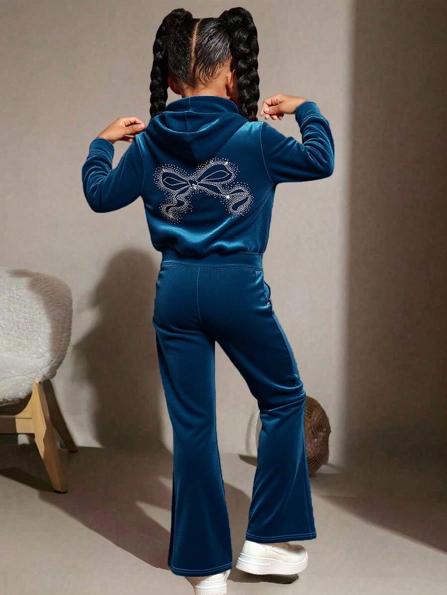 Tween Girl Tween Velvet Rhinestone Kangaroo Pocket Hooded Zip-Up Sweatshirt And Slim Flare Pants Casual Elegant 2 Pieces Set - Teal Blue - View 1