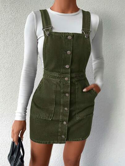 Women's Casual Single-Breasted Pocket Strap Denim Dress, Versatile For Autumn