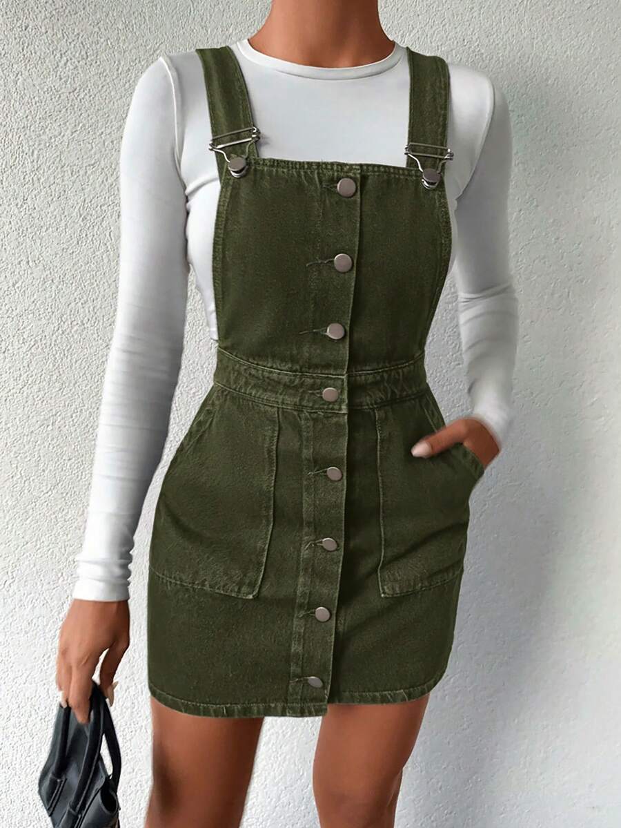 Women's Casual Single-Breasted Pocket Strap Denim Dress, Versatile For Autumn - Khaki - View 1