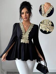 Rafferiza 女士金色蕾丝边V领弹力腰喇叭袖衬衫，穆斯林风格衬衫，黑色衬衫，办公室通勤优雅衬衫，时尚女士衬衫，工作服，通勤优雅，办公室服装，时尚 - 黑色 - 查看 1