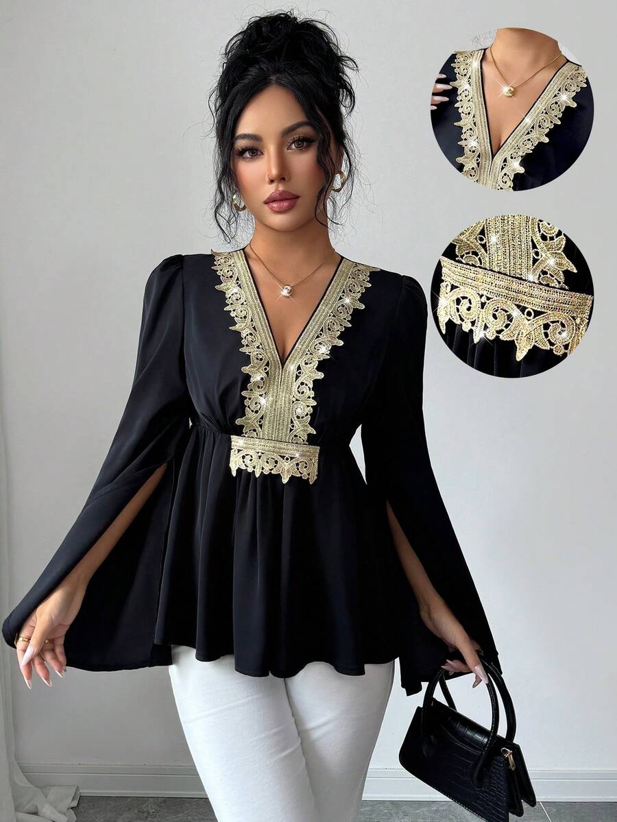 Rafferiza 女士金色蕾丝边V领弹力腰喇叭袖衬衫，穆斯林风格衬衫，黑色衬衫，办公室通勤优雅衬衫，时尚女士衬衫，工作服，通勤优雅，办公室服装，时尚 - 黑色 - 查看 1