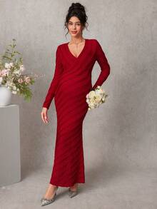 SHEIN Elegant & Comfortable Knitted Jacquard Maternity Dress - Burgundy - View 1