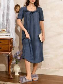 Côtesoire 撞色方领蝴蝶结休闲连衣裙，女士家居服 - 藏蓝色 - 查看 6