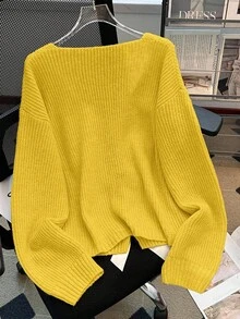 SHEIN LUNE 女士宽松蝴蝶装饰落肩长袖毛衣，秋冬季时尚单品 - 鵝黃色 - 查看 2