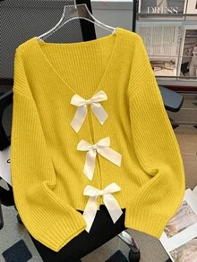 SHEIN LUNE 女士宽松蝴蝶装饰落肩长袖毛衣，秋冬季时尚单品 - 鵝黃色 - 查看 3