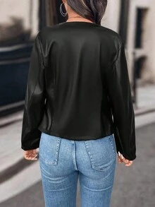 SHEIN Tall Tall Women Casual Street Style Cropped PU Leather Jacket - Black - View 2