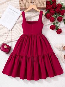 女童红色吊带蝴蝶结A字休闲度假时尚街头风连衣裙，春夏新品 - 酒紅色 - 查看 3