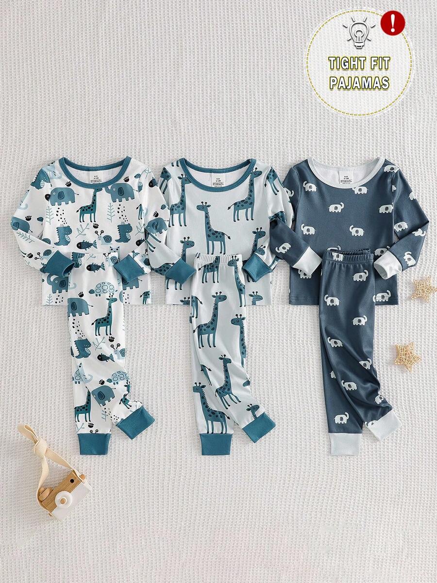 3pcs/Set Boys' Cute Cartoon & Striped Print Snug Fit Long Sleeve T-Shirt And Long Pants Pajamas - Multicolor - View 1