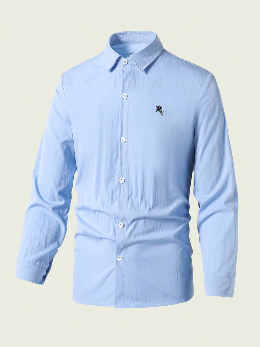 Áo sơ mi dài tay màu xanh nhạt in hình ngựa nhỏ, kiểu dáng đơn giản, thoáng khí, phong cách thường ngày dành cho nam thiếu niên, dáng ôm, thoải mái, đa năng, phù hợp cho mùa thu, xuân, hè, mặc hàng ngày, đi làm, hoạt động ngoài trời, thể thao, đi học, thời trang đường phố, dự tiệc, chụp ảnh. - Nhiều màu - Xem 1