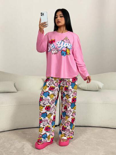 Mr Men Little Miss X SHEIN Pijama de talla grande con estampado de dibujos animados y letras, de cuello redondo y manga larga, para otoño