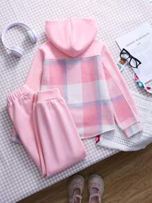 2pcs/Set Casual Plaid Patchwork Sweatshirt For Tween GirlsComfortable & Thick For Outdoor Activities - Pink - View 2