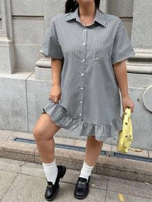 GalTyme 大码夏季休闲格子前扣连衣裙 - 黑與白 - 查看 3