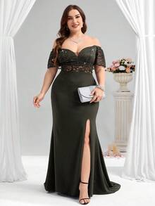 Coutiva Dark Green Plus Size Women's Lace & Sequin Patchwork Off-Shoulder Side Slit Hem Elegant Formal Evening Gown,Spring Curvy Prom Dress For Wedding,Ball - Army Green - View 6