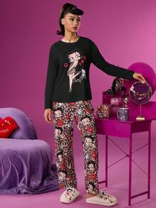 Betty Boop x SHEIN Bộ đồ ngủ nữ gồm áo dài tay màu đen in hình nhân vật hoạt hình và chữ cái, quần ống đứng họa tiết da báo, thích hợp cho mùa xuân/thu. - màu đen - Xem 4
