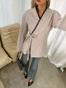 Siren Gaze Women's Autumn/Winter New Blended Contrast Binding Wrap Knot Woolen Coat Tie Front Cardigan Wrap Tops For Women Tie Up Shirt Women Blouses Elegant Tie Front Blouse - Apricot - View 1