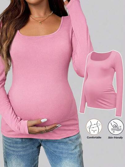 SHEIN Maternity Solid Color Scoop Neck Long Sleeve Casual T-Shirt