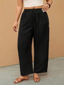Elaquor Pantalon noir ample et décontracté pour femmes grandes tailles, convient pour les vacances de printemps/été avec découpes - Noir - Voir 4