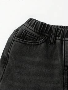 SHEIN Young Boys Loose Fit Blue Denim Thermal Lined Pants, Autumn/Winter - Black - View 6