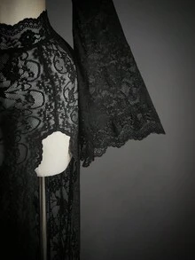 SHEIN ICON 女士万圣节蕾丝两件套性感前卫服装，喇叭袖上衣搭配半裙，适合派对穿着 - 黑色 - 查看 13