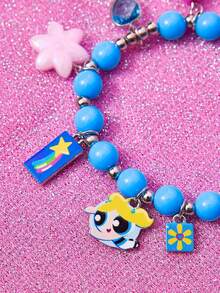 THE POWERPUFF GIRLS X SHEIN Nuevo brazalete de cuentas con patrón de dibujos animados de aleación de zinc, colorido, casual y lindo, adecuado para fiestas, conciertos y festivales - Celeste - Ver 3