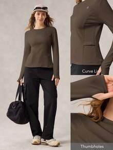 OutZeal 女士保暖内衬柔软圆领侧袋长袖棕色户外T恤，秋冬季日常休闲款