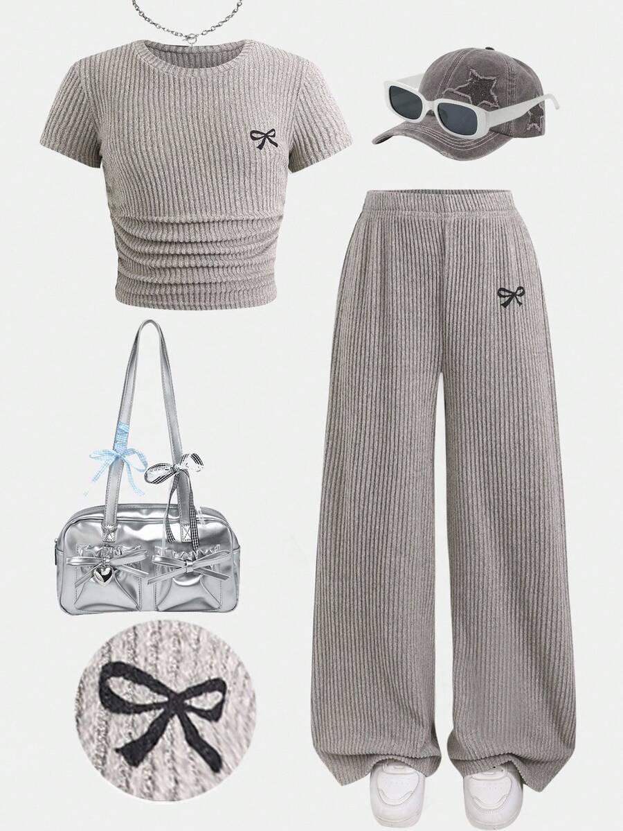 SHEIN Tween Girls Bow Ribbed Print T-Shirt & Leggings 2 Pieces Set, Casual Daily Fashion Versatile - Apricot - View 1