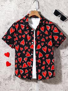Kemeja Lengan Pendek Kasual Motif Hati untuk Anak Laki-Laki Remaja, Cocok untuk Pemakaian Sehari-hari dan Hari Valentine - MultiWarna - View 4