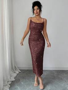 Elenzga 女士亮片吊带露背褶皱领口中长连衣裙，优雅法式复古简约百搭风格，适合冬季、万圣节、圣诞节、感恩节、下午茶会、半正式场合、性感派对、秋冬季穿着。 - 紫紅色 - 查看 6