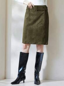 Aveloria Modichic 秋冬新款女装欧美风仿麂皮腰带宽松休闲复古通勤优雅半身裙 - 軍綠色 - 查看 6