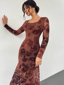 Firerie 女士优雅提花长袖鱼尾裙 - 棕色 - 查看 8
