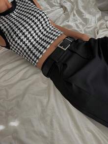 Livesso Women's Casual Houndstooth Print Crew Neck Short Sleeve Knit Top, Autumn/Winter - Black and White - View 7