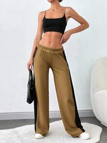 EURMUSE Women's Solid Rib-Knit Side Striped Wide Leg Casual Sweatpants - Beige - View 3