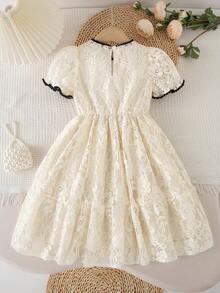 1pc Girls Summer New Collared Lace Trim Front Bow Tie Waist Elastic Lace Fabric Elegant Versatile Casual Dress, Suitable For Daily, Commute, Vacation, Birthday Floral Pattern Lace Dress Toddler Girl Cream Dress Ivory Kids Dress Young Girl Lace Dress Cream Dresses For Girls - Apricot - View 2