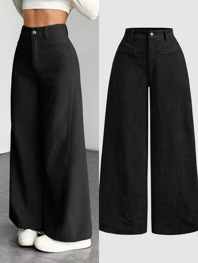 SHEIN 少女纯色复古简约灯芯绒罗纹裤，卡其色阔腿裤，秋冬长裤