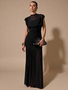 SHEIN BAE 黑色披肩式优雅薄纱褶皱连衣裙，适合浪漫约会、派对、正式聚会、伴娘礼服、女士夏季连衣裙、下午茶会连衣裙、新年、情人节、生日迷你连衣裙、黑色连衣裙 - 黑色 - 查看 7