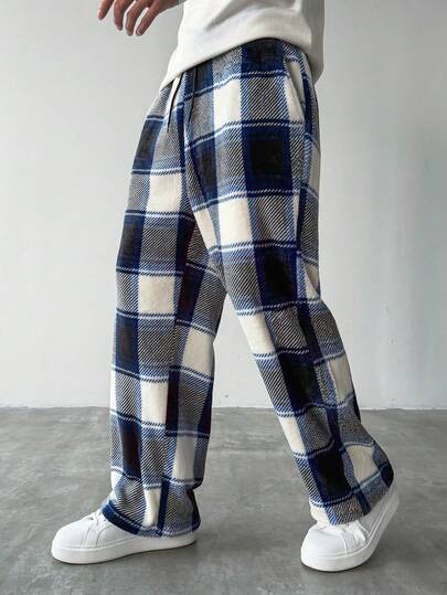 HUEFORM Pantalones casuales sueltos de pierna ancha con bolsillos y cordón en la cintura a cuadros para hombres