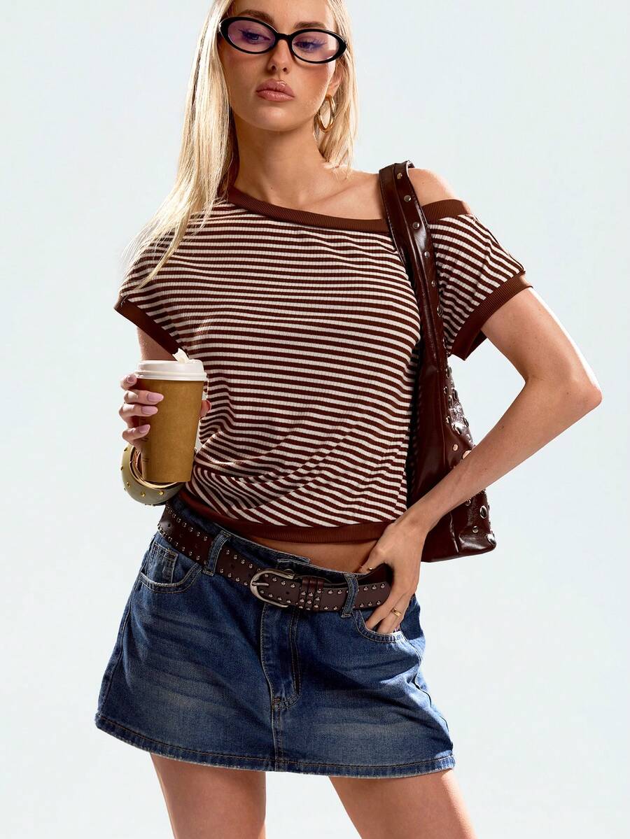 Avantive Bluză maro cu dungi, franjuri, decolteu pe umeri, haine de vară, ținută casual pentru femei, confortabilă, Street Academy Movement - Kaki - Vizualizare 1