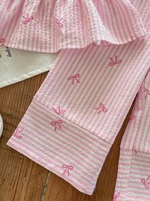 女宝宝可爱度假休闲条纹蝴蝶结装饰吊带背心和松紧腰裤套装 - 彩色 - 查看 7