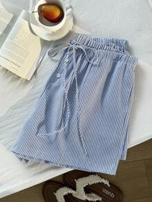 Comfortcana 大码女式腰带纽扣设计条纹休闲短裤 - 藍色 - 查看 7