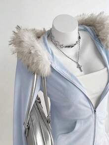 Sweetra Áo khoác nỉ lông xù kiểu cổ điển gợi cảm, thắt eo, có khóa kéo dành cho nữ, màu hồng, mùa thu/đông. - Màu xanh lam - Xem 6