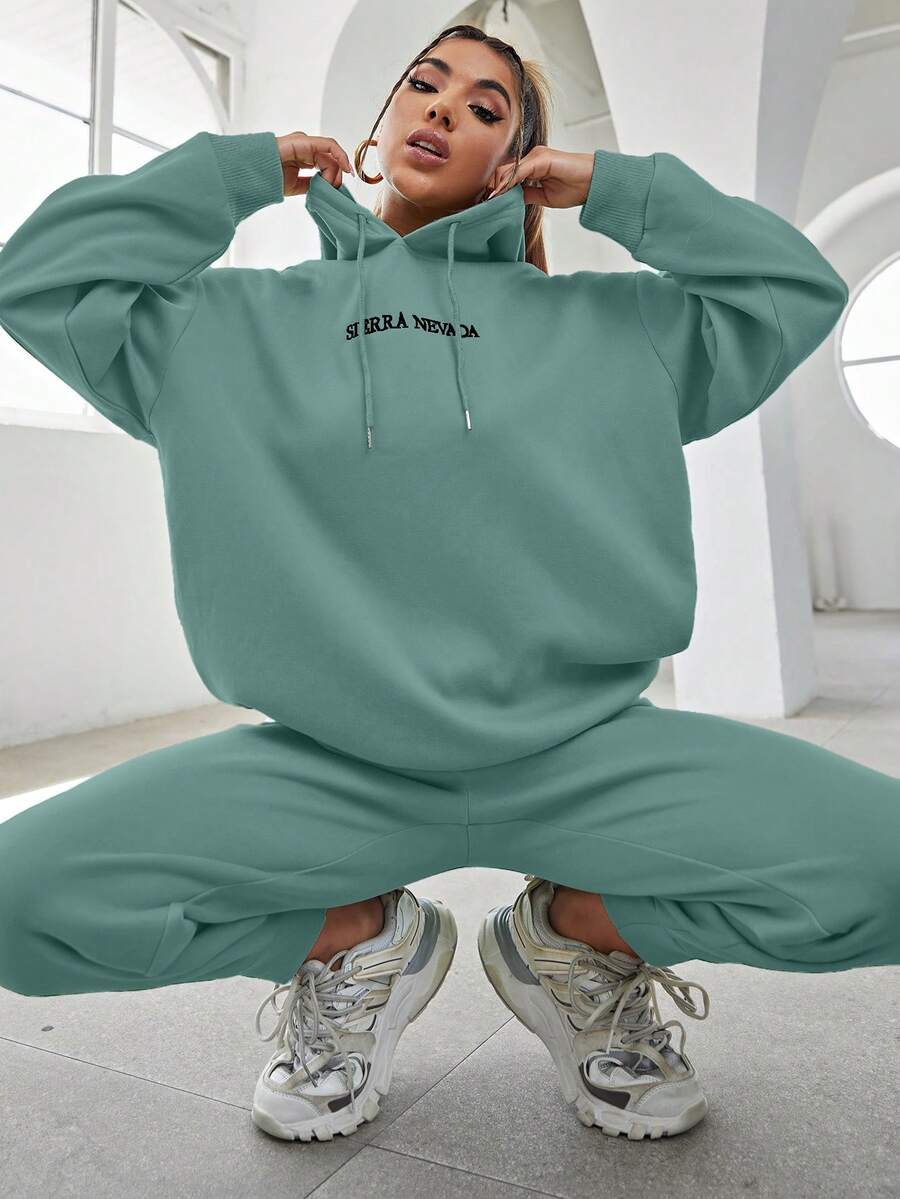 EURMUSE Cotton Slogan Graphic Drop Shoulder Drawstring Hoodie & Sweatpants - Mint Green - View 1