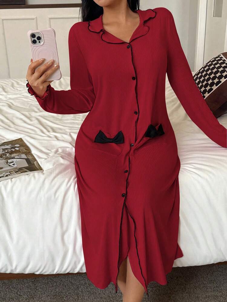 Robe d'intérieur pour femme avec décoration de nœud côtelé brossé - Rouge foncé - Voir 1