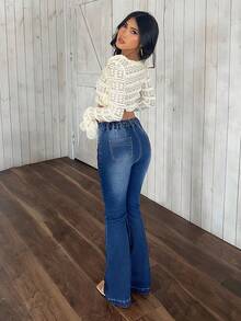 SHEIN PETITE 女士休闲水洗修身喇叭牛仔裤，靴型牛仔裤，高腰牛仔裤，女士牛仔裤，女式牛仔裤 - 藍色 - 查看 2