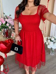 Vionelle Plus Size Red Polka Dot Mesh Overlay Midi Dress,Cute Summer Satin Party Dress For Valentine's Day - Red - View 4