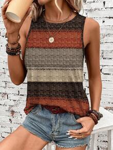 SHEIN LUNE Top de tirantes de cuello redondo con rayas de contraste, adecuado para primavera/verano, playa, casual - Multicolor - Ver 4