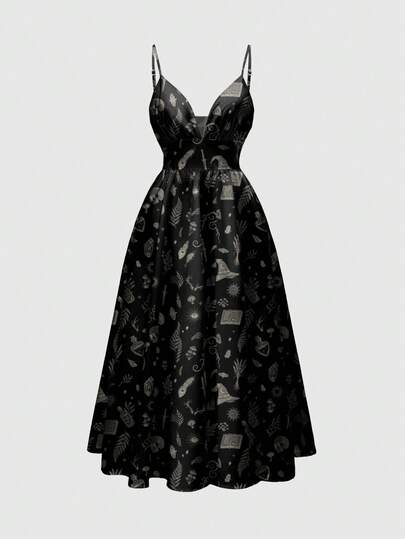 ROMWE Goth 神秘暗黑魔法派对骷髅、月亮、太阳、眼睛、蘑菇浪漫森林印花吊带性感低胸连衣裙